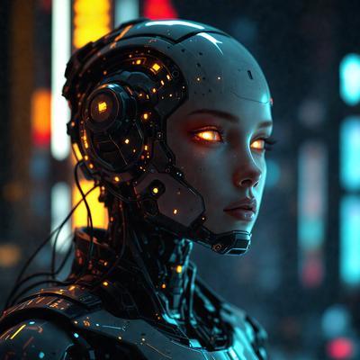 The primary subject of the image is a woman with a futuristic, cyberpunk appearance. She is wearing a metallic, high-tech outfit and has glowing eyes, giving her a unique and striking look. The setting is a dark, futuristic environment, likely a nightclub or a similar venue. The visual style of the image is a combination of photo and digital art, creating a striking and immersive scene. The colors and mood of the image are predominantly dark and mo
